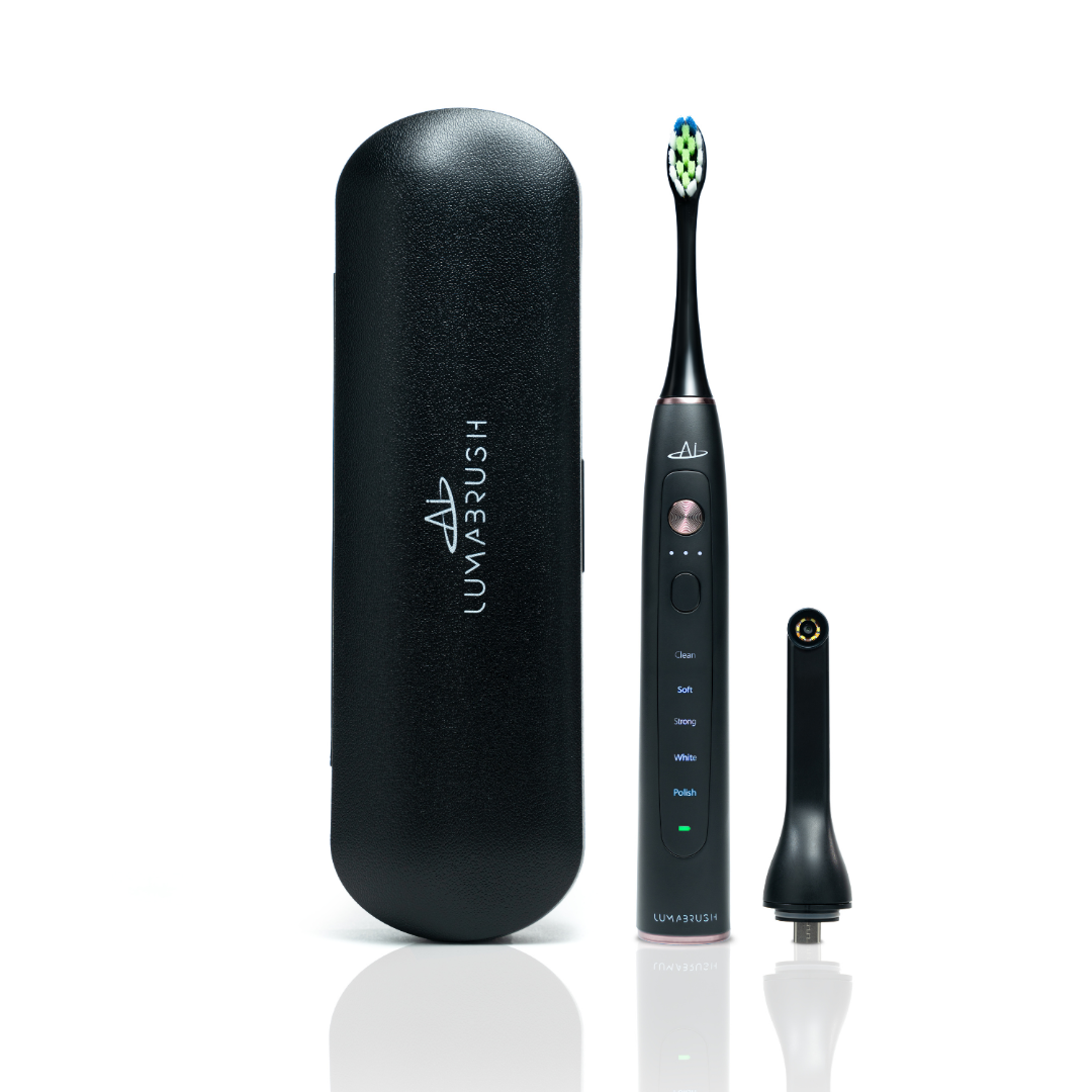 Black electric toothbrush with camera and travel case on a white background